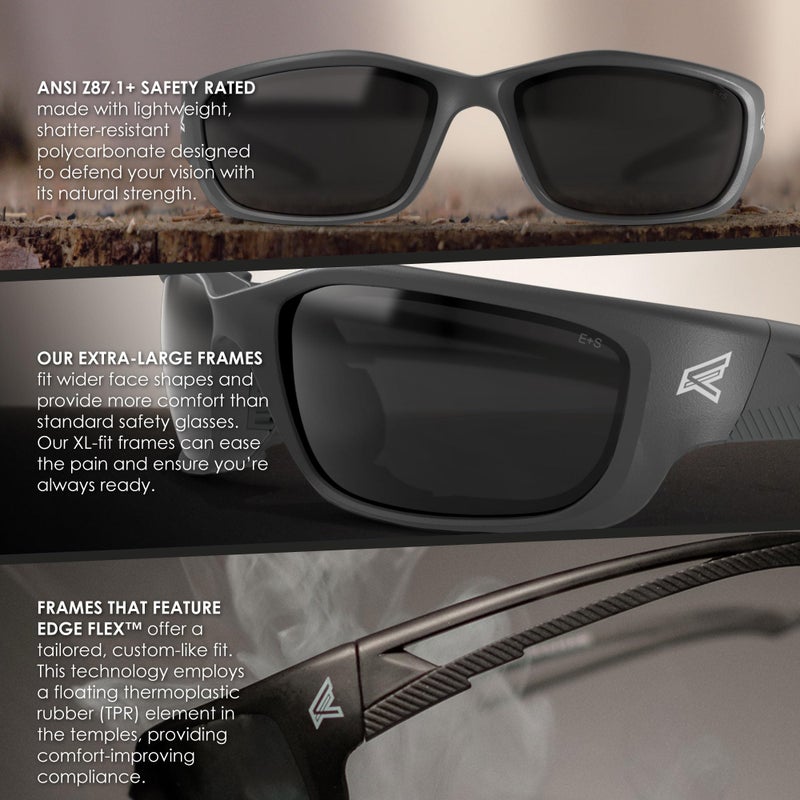 Edge SK-XL116 Kazbek XL Wrap-Around Safety Glasses, Anti-Scratch, Non-Slip, UV 400, Military Grade, ANSI/ISEA & MCEPS Compliant, XL Wide Fit, Black Frame/Smoke Lens - Image 2